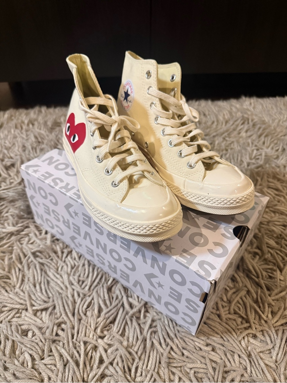 Converse Cream High-Top Kids Sneakers with Red Heart